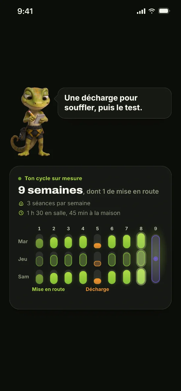 L’écran où le plan se construit : 9 semaines dont 1 de mise en route, 3 séances par semaine, 1 h 30 en salle et 45 min à la maison.