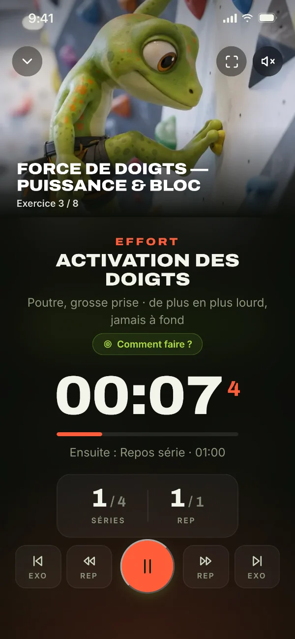 Le lecteur de séance : « Activation des doigts », chrono à 7 secondes, série 1 sur 4.
