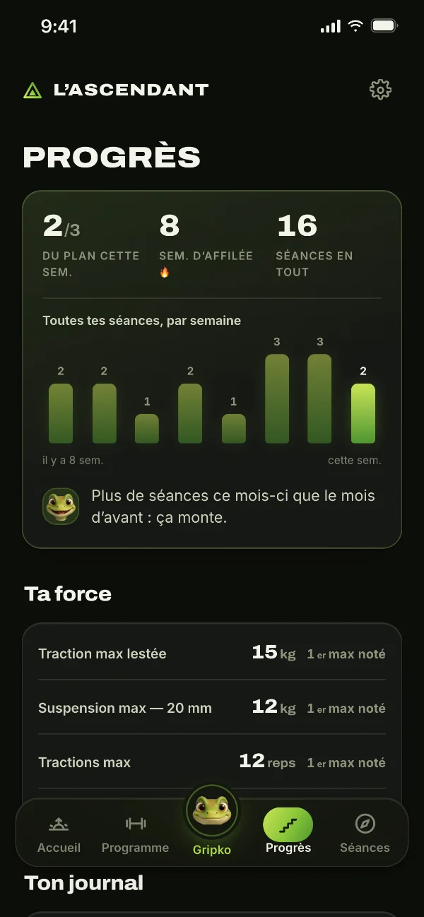 L’onglet Progrès : 2 séances sur 3 cette semaine, 8 semaines d’affilée, 16 séances, et ta force.