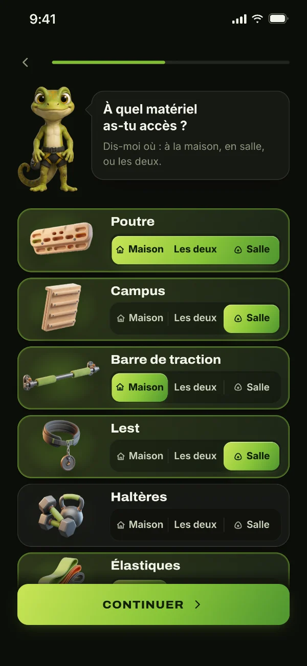 L’écran « À quel matériel as-tu accès ? » : poutre, campus, barre de traction, lest, chacun à la maison, en salle ou les deux.